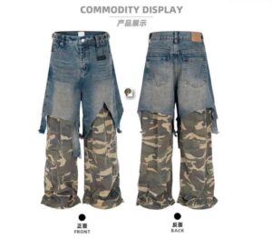 CAMO MIXED STRAIGHT LEG AND PATCHWORK DENIM JEANS