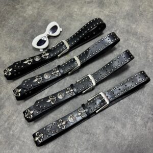 FLEUR-DE-LIS BLACK STUDDED LEATHER BELTS