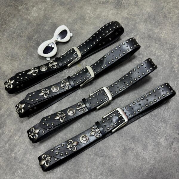 FLEUR-DE-LIS BLACK STUDDED LEATHER BELTS
