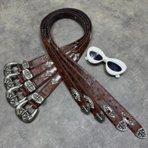 BROWN WESTERN STYLE STUDDED LEATHER BELTS